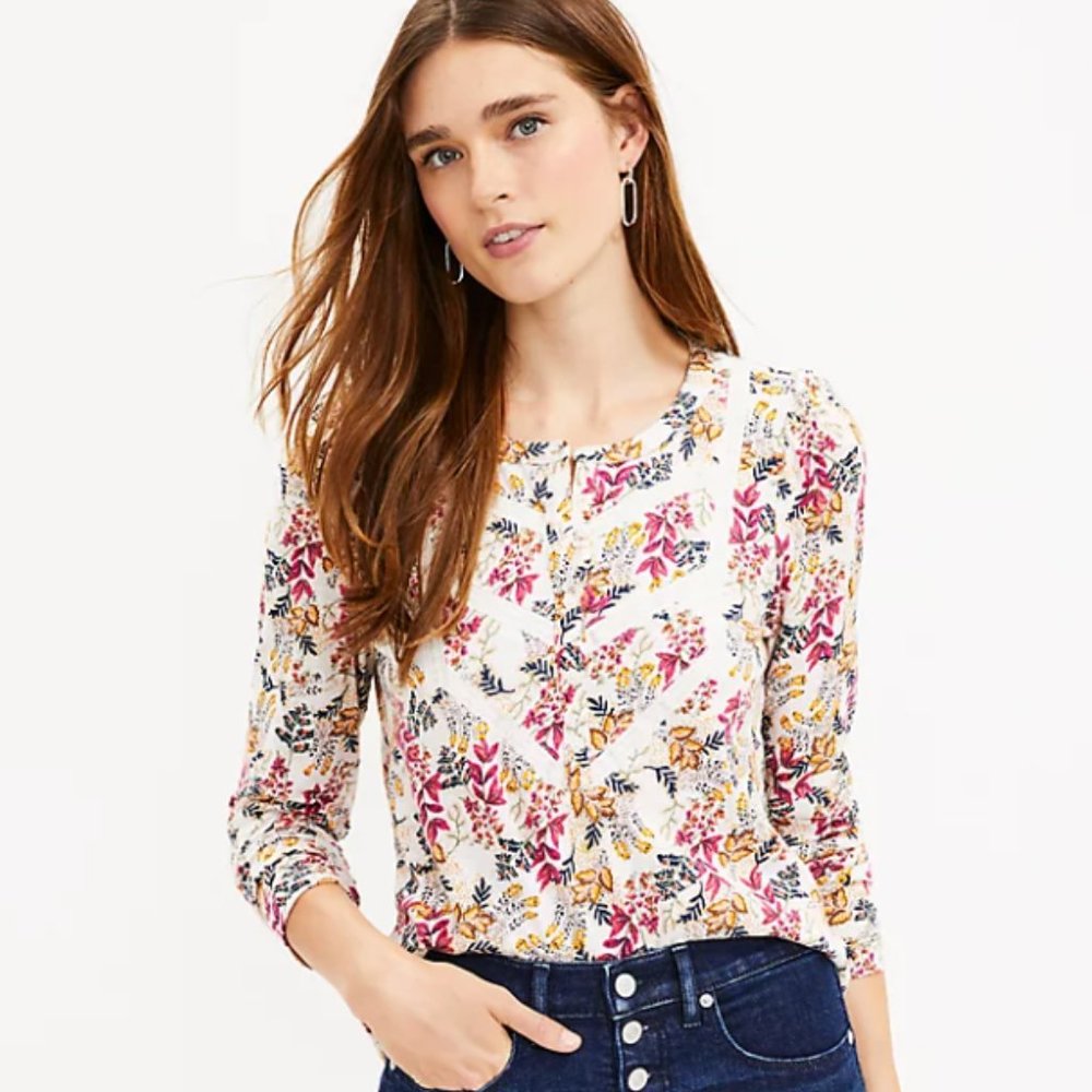 BOGO LOFT Floral Lace Trim Button Top
